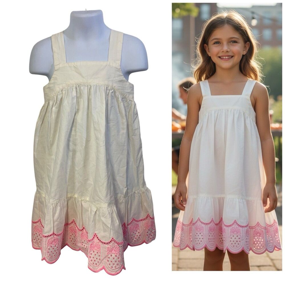 Old Navy Dress Girls Size 5 Sundress White Pink Coastal Boho Preppy Summer